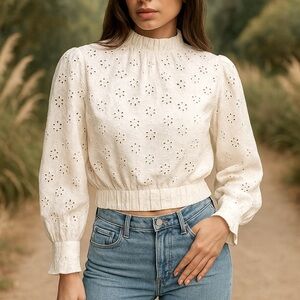 AllSaints Luna Broderie Eyelet Embroidered Linen Cotton Top White Size 6